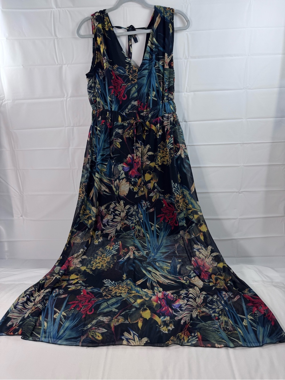 Tropical Floral‎ Maxi Dress Sheer Overlay Sleeveless Size Large
